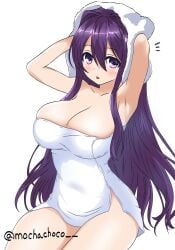 1female 1girls artist_name big_breasts breasts cleavage doki_doki_literature_club female_focus long_hair mochachoco notice_lines purple_eyes purple_hair towel towel_on_head towel_only twitter_username yuri_(doki_doki_literature_club)