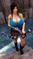 1girls 3d abs breasts cleavage drink high_heels huge_breasts lara_croft legs outdoors self_upload slow_(artist) swimsuit thick_thighs tomb_raider