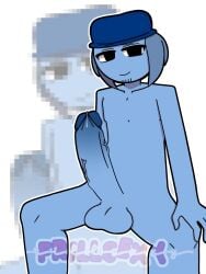 bad_art black_eyes blue_body blue_hat blue_penis huge_balls huge_cock incredibox incredibox_mod male male_only poorly_drawn poorly_made precum raised_eyebrow sitting smile smiling smirk smirking sprunki sprunki_2p_(sprunki_mod) tunner_(sprunki) veiny_cock watermark