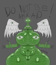 angel angel_wings anthrofied biblically_accurate_angel breasts_out chubby green_body illuminati monster monster_girl pyramid tagme text zeraniumz