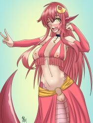 apode belly_dancer belly_dancer_outfit breasts censor_removal_edit clothing draconcopode female genitals hair humanoid kayserend lamia legless long_hair looking_at_viewer miia_(monster_musume) monster_girl_(genre) monster_musume monster_musume_no_iru_nichijou navel nipples pointy_ears pussy red_body red_clothing red_hair red_scales reptile scales scalie serpentine snake solo split_form tagme tail third-party_edit yellow_clothing yellow_eyes