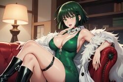 1girls ai_generated big_ass big_breasts cleavage crossed_legs curvy curvy_figure fubuki_(one-punch_man) green_dress green_eyes green_hair on_couch one_punch_man sitting solo