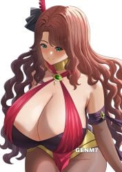 1girls blush breasts breasts_bigger_than_head brown_hair choker dorothea_arnault female female_only fire_emblem fire_emblem:_three_houses fire_emblem_warriors:_three_hopes genm7 green_eyes green_jewelry large_breasts long_hair massive_breasts nintendo red_outfit smile wavy_hair