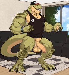 anthro balls bara barazoku bottomless darknaigart dinosaur flaccid jace_(darknaig) male male_only muscles muscular pantsless penis scalie solo solo_male tyrannosaurus_rex