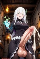 1girls absurd_res ai_generated anklet barefoot black_dress black_eyes breasts cum cum_drip cumdrip cumshot curvy curvy_figure dickgirl dickgirl/female dominant dominant_female dominant_futanari domination dungeon echidna_(re:zero) excessive_cum excessive_genital_fluids female from_below futa_only futadom futanari hair_ornament high_resolution highres huge_balls huge_cock indoors lewdcreationsfuta looking_at_viewer magic magic_user mature mature_female mature_woman open_mouth pantyhose penis penis_out precum precum_drip precum_on_penis precum_string re:zero_kara_hajimeru_isekai_seikatsu sexually_suggestive smirk smug standing tagme thick thick_legs thick_thighs thighs tight tight_clothes tight_clothing tight_fit veiny veiny_penis white_hair