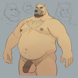 2024 anthro balls bear belly belly_hair biceps big_belly black_penis body_hair chest_hair facial_hair flaccid genitals goatee grey_background humanoid_genitalia humanoid_penis male mammal moobs navel nipples nude one_eye_closed overweight penis polar_bear pubes simple_background smile solo spread_arms standing triceps ursine vein veiny_penis wink zcdartz