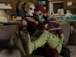 2girls 3d batman:_arkham_city batman_(series) blender blonde_hair bondage clothed cuddling dc_comics feet femdom foot_fetish gag gagged harleen_quinzel harley_quinn lesbian_couple living_room pamela_isley poison_ivy red_hair rope soles taped_mouth theblendertaper yuri