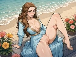 2d ai_assisted ai_generated art blue_dress blue_eyes blush bonnie_darko brown_hair cleavage cleavage_cutout dress dress_lift female flashing_pussy game_of_thrones groping_self heels high_heels legs_apart long_hair margaery_tyrell naughty_face pussy self_upload sitting