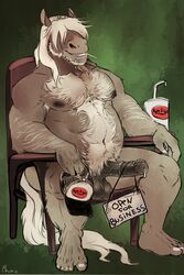 1boy 2016 5_toes animal_genitalia animal_penis anthro arm_hair armpit_hair balls beard biceps black_penis body_hair brian_cochen chair chest_hair chumbasket cup english_text equine equine_penis erection facial_hair fur grey_fur hair hair_over_eyes hairy hat hi_res horse horsecock humanoid_feet long_hair long_tail male male_only mammal medial_ring musclegut muscular muscular_male navel nipples nude pecs penis plantigrade precum sign signature simple_background sitting smile solo teeth text textured_background toes toothpick vein veiny_penis white_hair