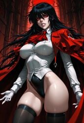 ai ai_generated alucard_(hellsing) black_hair gender_transformation genderswap_(mtf) hellsing impossible_clothes leotard long_hair red_eyes rule_63 self_upload shirt skindentation stable_diffusion thighhighs thighs vampire vampire_girl