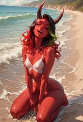 beach bikini demon_girl female horns red_skin