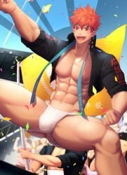 1boy abs absurd_res ass_visible_through_thighs audience bara bare_breasts baseball_field beefy big_areola big_breasts big_bulge blush bulge bulge_through_clothing clenched_hand collarbone confetti dutch_angle exposed_anus eyebrows_visible_through_hair flag fundoshi gakuran gay genital_outline hachimaki headband hi_res hunk laugh male male_breasts male_only mature_male meisho_hanten morning muscles muscular muscular_arms muscular_legs muscular_male muscular_thighs navel no_body_hair open_clothes oppai orange_hair original original_character ouendan passionate pecs quadriceps red_eyes revealing_clothes rokushaku_fundoshi school_uniform short_hair six_pack skimpy sky spread_legs stadium stadium_background standing thick_thighs tough_guy very_high_resolution white_fundoshi yaoi