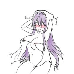 1female 1girls areola_slip areolae areolae_slip blush blush_lines blushing breasts doki_doki_literature_club female_focus long_hair mochachoco navel purple_hair text towel towel_only yuri_(doki_doki_literature_club)