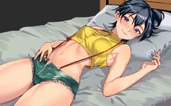 black_hair breasts creatures_(company) cutoffs female game_freak green_shorts highres kasumi_(pokemon) looking_at_viewer lying medium_breasts misty_(the_electric_tale_of_pikachu) navel nintendo on_back on_bed pillow pokemon purple_eyes short_hair short_shorts shorts side_ponytail solo suspenders tank_top volyz yellow_tank_top