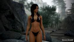 3d arab_female arabian_female bdo beurette bikini black_bikini black_desert black_desert_online black_hair breasts commentary_request dark-skinned_female exposed game_screenshot irl_character navel shiny_bikini yourbdoslave