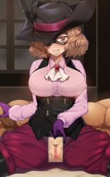10s ascot breasts brown_eyes brown_hair busty_teen cellphone cellphone_photo censored curly_hair domino_mask female female_focus female_pubic_hair gloves haru_okumura hat hat_feather hat_over_one_eye high_school_student looking_at_viewer mask mosaic_censoring nt00 overdeveloped_teen persona persona_5 phone pubic_hair purple_gloves pussy short_hair sitting smartphone smile solo spread_legs teen_girl teen_tits teenage_girl teenage_tits