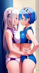 ai_generated angry angry_face blue_hair breast_press breasts breasts_pressed_against_partner bun_huggers catfight emilia_(re:zero) eye_to_eye lesbian_competitive_intercourse re:zero_kara_hajimeru_isekai_seikatsu rem_(re:zero) silver_hair sports_bra sports_shorts sports_uniform staredown yuri