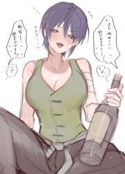 aged_down alcohol big_breasts blush cleavage colored_sketch drunk female female_only fully_clothed genderswap_(mtf) gintama green_eyes japanese_text looking_at_viewer not0910butter official_alternate_costume purple_hair rule_63 sake sake_bottle short_hair sitting sketch smile solo takasugi_shinsuke tomboy very_short_hair vest