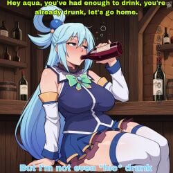 1girls ai_generated aqua_(konosuba) balfaphico clothed comic drunk drunk_bubble imminent_sex kono_subarashii_sekai_ni_shukufuku_wo! text wine wine_bottle