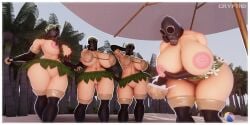 4girls big_breasts breast_grab breast_squeeze breast_squish breasts coconut coconut_bra crypti1d female female_focus female_only fempyro grass_skirt hi_res highres huge_breasts hula_dancer lactation milk milking nipples nude nude_female pyro skindentation tagme team_fortress_2 tf2 thick_thighs thighs