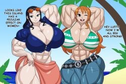 2girls abs absolutely_jacked alternate_body_type belt biceps big_breasts bikini bikini_top black_hair black_hair_female blue_clothes blue_clothing blue_eyes breasts brown_eyes buff buff_female closed_eye clothed clothed_female clothing cute dialogue eye_closed eyes_open female female_focus female_only flexing flexing_arms flexing_bicep flexing_muscles forsakun green_bikini green_bikini_top green_clothing huge_breasts human island jacked jeans long_hair long_hair_female muscles muscular muscular_arms muscular_female muscular_legs muscular_thighs nami nami_(one_piece) nico_robin one_closed_eyes one_eye_closed one_eye_open one_piece open_eyes orange_hair orange_hair_female pecs pink_clothes pink_clothing ripped strong strong_woman sunglasses sunglasses_on_head swimsuit talking thick_thighs