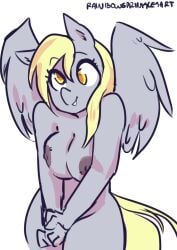 anthro anthrofied blonde_hair breasts derpy_hooves equid equine feathered_wings feathers female friendship_is_magic hasbro hi_res mammal my_little_pony mythological_creature mythological_equine mythology nipples nude pegasus rainbowsprinklesart simple_background solo white_background wings