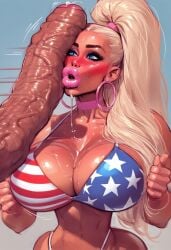 absurdly_large_cock ai_generated american_flag_bikini bikini bimbo bimbo_lips blonde_hair blush choker cleavage foreskin head_grab huge_breasts huge_cock long_hair makeup penis_slap penis_slapping_face pink_lips pobodyznerf ponytail precum tight_clothing veiny_penis