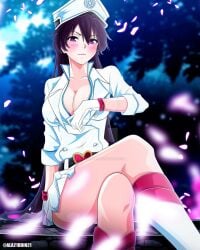 aladdin_(ala21ddin21) arm_at_side bambietta_basterbine belt big_breasts black_hair bleach blush breasts cleavage closed_mouth collarbone crossed_legs gloves hat jacket long_hair military_hat miniskirt partially_unbuttoned purple_eyes shiny_skin sitting thighs white_gloves white_jacket