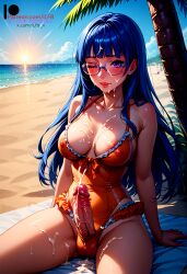 2025 2d ai_generated ambiguous_gender balls beach beach_towel blue_hair cock cum cum_drip cum_in_mouth cum_on_body cum_on_breasts cum_on_face cumshot dick dickgirl exibitionism femboy futanari glasses hi_res high_resolution highres ilfb large_breasts long_hair looking_at_viewer one_eye_closed penis public public_exposure public_indecency public_masturbation public_nudity public_use purple_eyes self_upload testicles trap uncensored winking_at_viewer