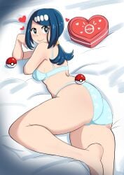 1girls ass blue_bra blue_eyes blue_hair blue_panties bottomwear box_of_chocolates bra breasts feet female female_only game_freak hair heart heart lana's_mother_(pokemon) mature mature_female mature_woman milf mother on_bed pabsmikan panties pokeball pokemon pokemon_sm solo solo_female thighs topwear