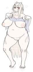 big_breasts blush breasts chikurako_kanoeki eyewear female horn inverted_nipples looking_at_viewer monochrome namu_gunsou nipples nude oni overweight pussy solo sweat thick_thighs