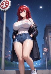 1boy 1girls ai_generated big_ass big_breasts big_hips denim_shorts female female_focus high_school_dxd huge_breasts kikia1 long_hair red_hair rias_gremory tagme tagme_(artist) wet wet_body wet_clothes wet_pussy