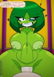 1girls alien_girl cowgirl_position gothicblooky green_hair green_skin hands_up_(joel_g) hi_res large_ass large_breasts looking_at_viewer margo_(joel_g) nipples pussy sex stomach_bulge thick_thighs thighs vaginal_penetration