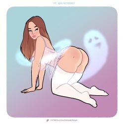 big_ass brown_hair fat_ass female ghost gown long_hair mole_on_ass risquedraws thigh_highs