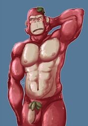 1boy abs anthro ape armpits balls barazoku blush embarrassed flaccid flora_fauna front_view gorilla hi_res ichigori_sensei looking_at_viewer male male_only mammal muscular navel nekketsu_gorilla_kyoushi_ichigori_sensei nipples nokemy nude pecs penis plant primate pubes rubbing_head signature simple_background solo standing