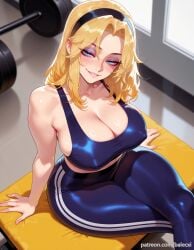 ai_generated balecxi bare_shoulders black_hairband blonde_hair blue_eyes blue_sports_bra blush cleavage collarbone covered_nipples crossed_legs female indoors large_breasts league_of_legends long_hair looking_at_viewer luxanna_crownguard pants parted_lips patreon_username sitting smile solo sports_bra thick_thighs yoga_pants