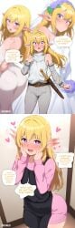 1boy absurd_res absurdres ai_assisted ai_generated apron armpits aroused ass ass_peek belt big_ass blonde_hair blurred_background blush blush bulge comic comic_strip ear_wiggle elf elf_ears elf_male english_text femboy feminine_male feminization flustered hands_on_own_face heart heart_pupils hearts_around_head high_resolution highres leaning_forward long_hair looking_at_viewer male male_focus male_only married open_mouth original original_artwork original_character otoko_no_ko pants pink_sweater purple_eyes room round_ass scarabb self_upload simple_background sissy smile sticking_ass_out story sweater sword text text_box text_bubble thick_thighs thighs tomgirl trap virgin_killer_sweater wedding_dress white_background