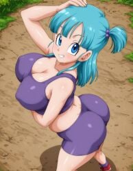 ai_generated big_ass big_breasts blue_eyes blush bulma_(dragon_ball) bulma_briefs busty cleavage crop_top curvy cyan_hair dragon_ball dragon_ball_z facing_viewer female female_only from_above grin hi_res highres holding_breasts outdoors perky_breasts ponytail pose seraphim_ai smile solo spandex spandex_shorts sportswear stable_diffusion