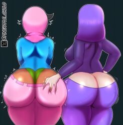 2girls ass ass-to-ass ass_comparison back_view bubble_ass bubble_butt duolingo green_panties green_underwear hair huge_ass lily_(duolingo) panties pineapple_cholo purple_hair sweat thick thick_ass thick_butt underwear zari_(duolingo)