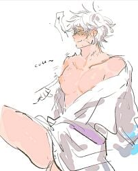 akoku big_pecs blush colored_sketch disembodied_hand gintama gintoki_sakata kimono large_areolae male male_only nipple_rub nipple_stimulation open_kimono pecs puffy_nipples sketch smile solo_focus white_hair