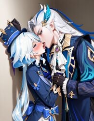 1boy 1girls ai_generated arm_grab blue_eyes blue_hair blush female french_kiss furina_(genshin_impact) genshin_impact hat kissing long_hair making_out male male/female neuvillette_(genshin_impact) straight tongue tongue_kiss tongue_out white_hair