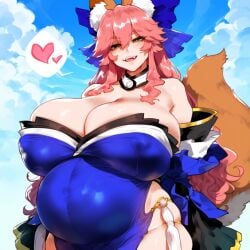 ai_generated areolae belly benisman cheating fate/grand_order fate_(series) fox_ears fox_tail huge_breasts pink_hair pregnant pregnant_female smile tamamo_no_mae_(fate)