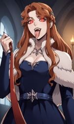 1girls ai_generated bigmic145 blue_dress braid breasts cape castlevania castlevania_(netflix) dressfur_trim fangs hair_ornament leash leashed_pov lenore_(castlevania) lips long_hair long_tongue medium_breasts orange_hair petplay vampire vampire_girl wavy_hair