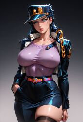 ai ai_generated belly black_hair blue_eyes cap chains collared_jacket gender_transformation genderswap_(mtf) hand_in_pocket jojo's_bizarre_adventure jotaro_kujo long_hair nipple_bulge rule_63 self_upload skindentation stable_diffusion standing