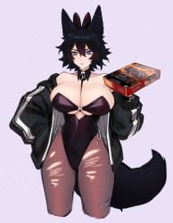 1girls big_breasts black_hair blue_eyes bunnysuit eye_bags female female_only hand_in_pants hi_res holding_object jacket jacket_off_shoulders looking_at_viewer n0r0 pantyhose raine_(zanamaoria) simple_background slit_pupils solo tail torn_pantyhose unamused wolf_ears wolf_girl wolf_tail