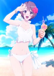 1girls bare_legs beach brown_hair collarbone flower_in_hair looking_at_viewer medium_breasts ribbon short_hair standing white_bikini