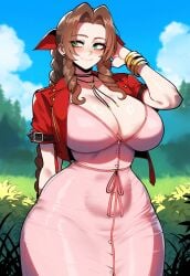 aerith_gainsborough ai_generated artist_request blush breasts brown_hair female final_fantasy final_fantasy_vii green_eyes huge_breasts juuicyai massive_ass massive_breasts sweat thiccwithaq_(ai_style)