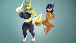 16:9 2020 3_toes 3d_(artwork) amber_eyes angry anthro bandai_namco barefoot big_breasts black_body black_fur black_sclera blonde_hair blue_eyes blue_hair breasts canid canine carmelita_fox claws clothing digimon digimon_(species) digital_media_(artwork) duo ear_piercing fan_character feet female fox fur grey_background hair hi_res huge_breasts mammal mommyosha multicolored_body multicolored_fur multicolored_tail nude orange_body orange_fur piercing simple_background sly_cooper_(series) sony_corporation sony_interactive_entertainment sucker_punch_productions tail taomon toes topwear white_body white_fur widescreen yellow_body yellow_fur