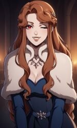 1girls ai_generated bigmic145 blue_dress braid breasts cape castlevania castlevania_(netflix) dressfur_trim fangs hair_ornament lenore_(castlevania) lips long_hair medium_breasts orange_hair vampire vampire_girl wavy_hair