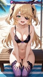 1girls 2025 ai ai_assisted ai_generated anime anime_style asian bangs bare_arms bare_shoulders beach beach_towel beach_umbrella bench black_bra black_ribbon blonde_hair blue_sky blush bottomless bow bow_bra bra breasts bust busty cleavage cleft_of_venus collarbone day eyepatch fangs female_focus female_only fischl_(ein_immernachtstraum)_(genshin_impact) fischl_(genshin_impact) genshin_impact green_eyes groin hair_over_one_eye hair_ribbon hands_on_own_thighs hentai hi_res high_quality high_resolution highres hoyoverse lace-trimmed_bra lace_trim long_hair looking_at_viewer medium_breasts mihoyo mihoyo_technology_(shanghai)_co._ltd. natsuyoru navel ocean one_eye_covered open_mouth outdoors paipan patreon purple_bow purple_thighhighs pussy ribbon sand sitting sky smile solo solo_female stable_diffusion starfish stomach swimsuit teeth thighhighs thighs towel tree twintails two_side_up uncensored underwear underwear_only vagina voluptuous voluptuous_female water wig